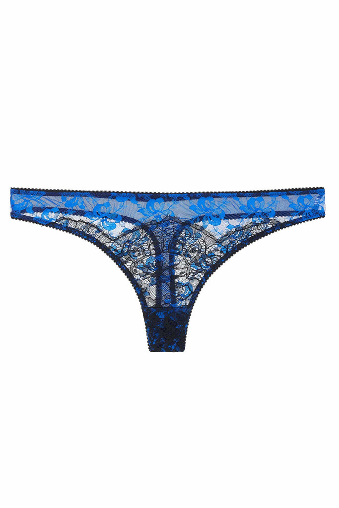 Adina Reay Lyla Thong in blue and black lace, on plain white background, front view