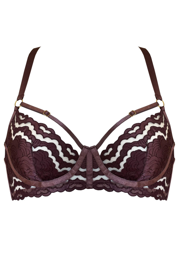 Dark purple plum Dala balconette underwire bra with adjustable cup and shoulder straps by Bordelle. Front view on white background.