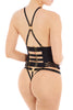 Black Dala underbust basque by Bordelle with adjustable straps and gold hardware. Back view on model with matching thong and garters.