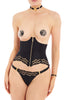 Black Dala underbust basque with shoulder straps detached with zipper in the front and adjustable gold plated hardware. Front view on model with matching thong and garters.