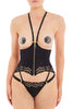 Bordelle Black Dala underbust basque with zipper in the front and adjustable gold plated hardware by Bordelle. Front view on model with matching thong and garters.