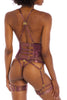 Plum Dala underbust basque with gold plated hardware with adjustable straps by Bordelle. Back view on standing model with matching thong, and garters.
