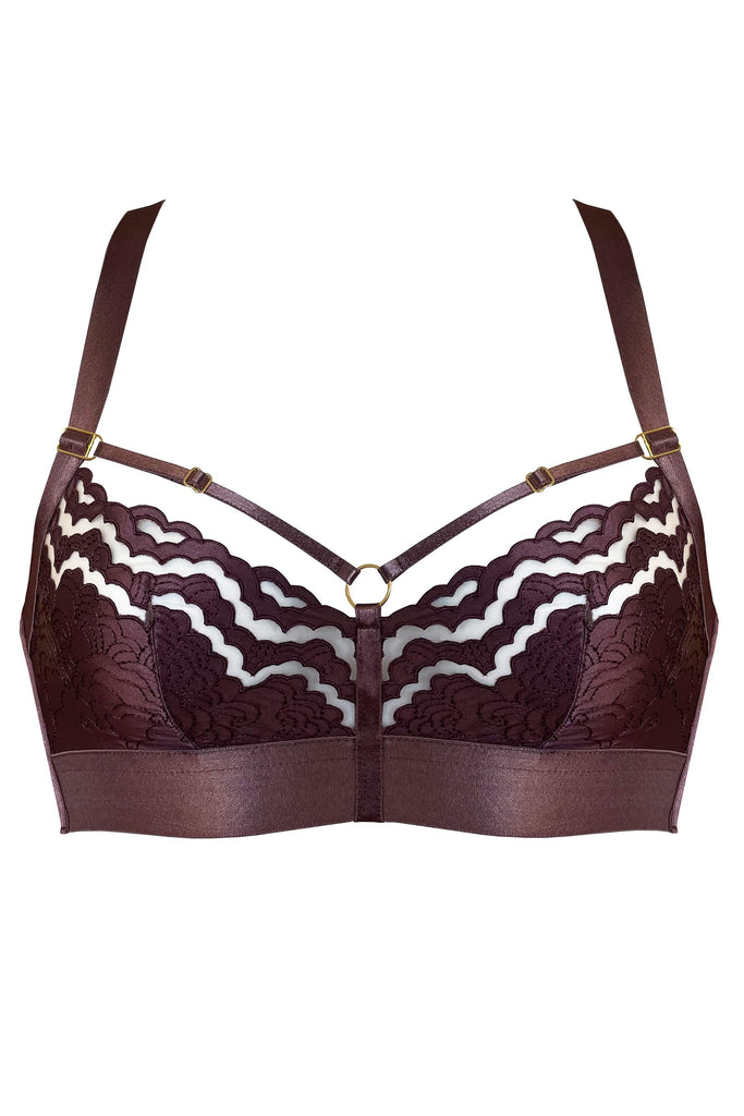 Dark purple plum Dala soft cup bra with adjustable cup and shoulder straps and gold plated hardware by Bordelle. Front view on neutral background.