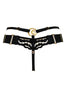 Black Dala thong by Bordelle with adjustable straps and gold plated moon shaped hardware. Back view on white background.
