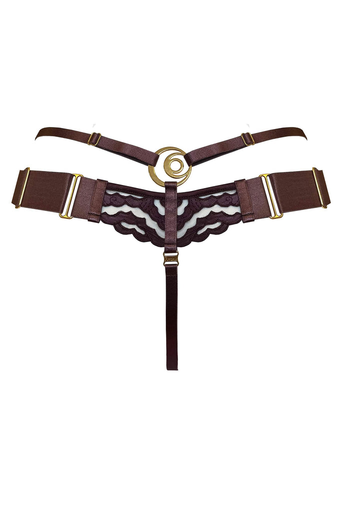 Dark purple plum Dala thong with gold plated moon hardware by Bordelle. Back view on white background.