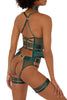 Bordelle Kora Basque in rich Eden green. Shown on model, back view, shown with the matching Kora Eden green open back brief. Basque features many narrow satin elastic straps across the mid back and making an X shape across the shoulder with a gold plated ring in the center.