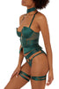 Bordelle Kora Open Back Brief in rich Eden green, shown on model in matching Kora Basque, collar and garters. The Kora brief features a wide satin elastic waistband with gold plated sliders for perfect fit on the hips, with gold plated rings attaching the layered mesh bottom. Low hip narrow elastic straps also have sliders for adjustability and the back mesh panels can also be seen in this side view photo.