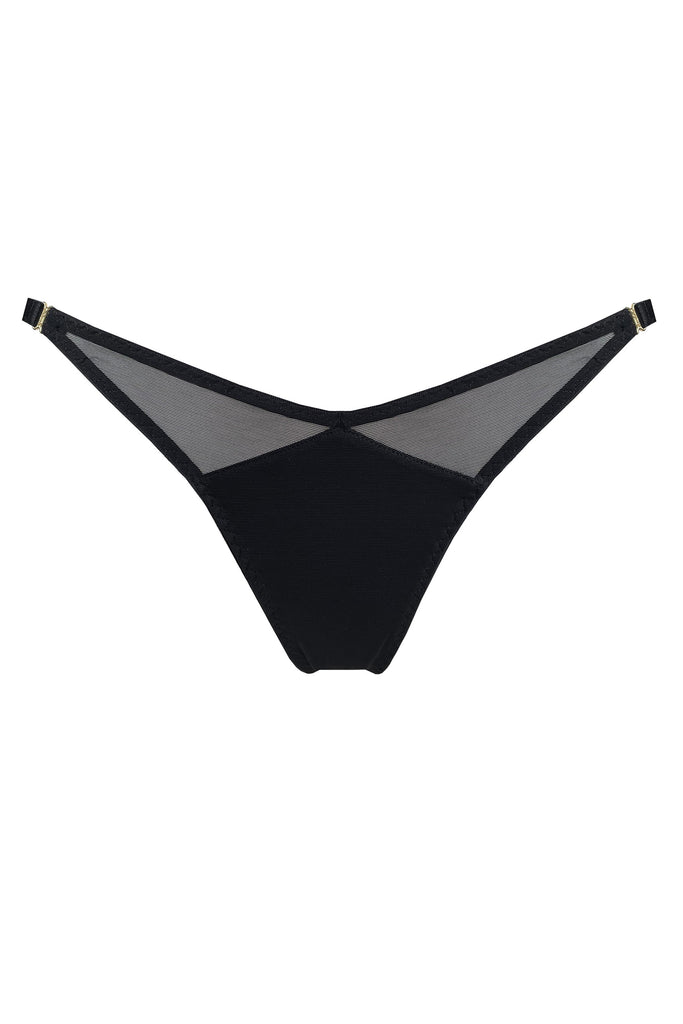 Bordelle Kora black mesh thong, shown on plain white background, with layered mesh panels in front and gold plated hardware on front hips