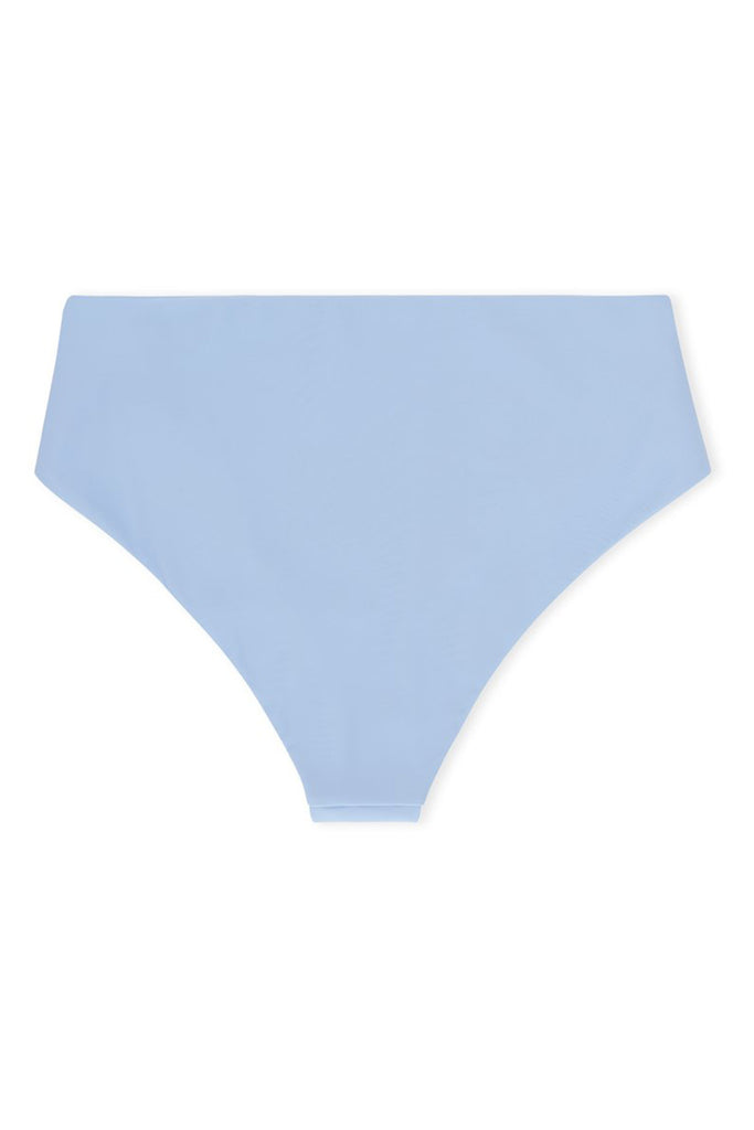 Light blue Ubud high waisted swim bottoms. Back view on white background.