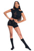 DSTM Innsai Brief in black, shown on model with the matching top. Shorts feature opaque panels with sheer inserts at the mid front and side hip/legs. The briefs are like shorts, with the hemline on the upper thigh. Front view. 