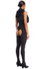 Black footed, sleeveless open bottomed cat suit by DSTM. Back/side view on model.