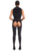 Black footed, sleeveless open bottomed cat suit by DSTM. Back/side view on model with matching thong and heels.