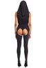 Black DSTM footed, sleeveless open bottomed cat suit with hood draped over the model's head. Back view on model with matching thong.