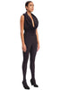 Footed, sleeveless black shadow suit by DSTM with low cowl neckline. Front view on model in matching heels.