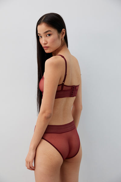 Else Bare sheer mesh mid rise brief in dark burgundy Bloodstone, shown on model with matching bra, back view.