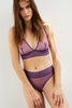 Else bare soft cup triangle bra in dark violet purple sheer mesh, shown on model in matching high waist thong, front view