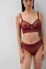 Else Bare sheer mesh thong in dark burgundy Bloodstone, shown on model with matching longline bra, front view