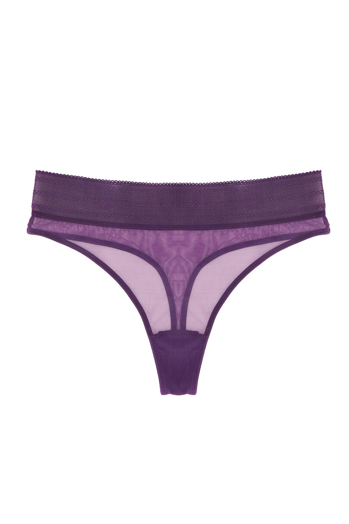 Else Bare sheer mesh thong in dark violet purple, shown on plain white background