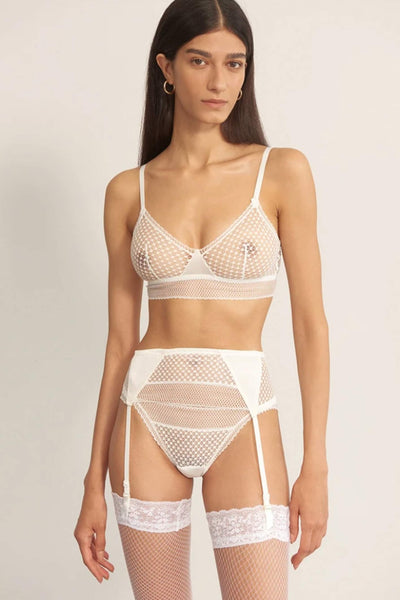 Else Bella white lace and silk bralette, suspender/garter belt and thong, front view, on model
