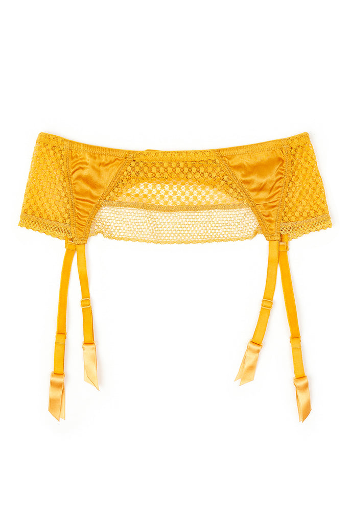 Orange yellow mango Bella garter belt by Else with 4 straps and sheer lace. Shown on white background.