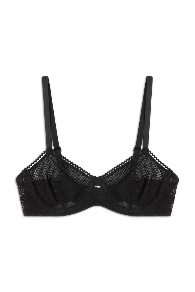 Else Betty black geometric lace underwire bra on white background.