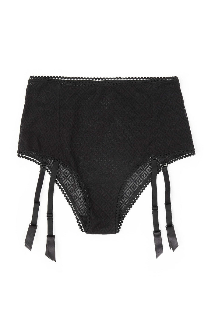 Black Betty high waisted brief with suspender straps and geometric lace shown on plain white background.