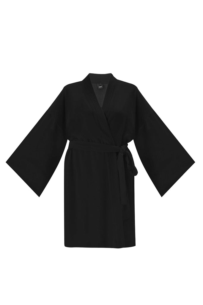 Else Diana silk robe in black, front view shown on plain white background. The robe features wide sleeves, an above the knee hemline, a waist tie and pleated collar.