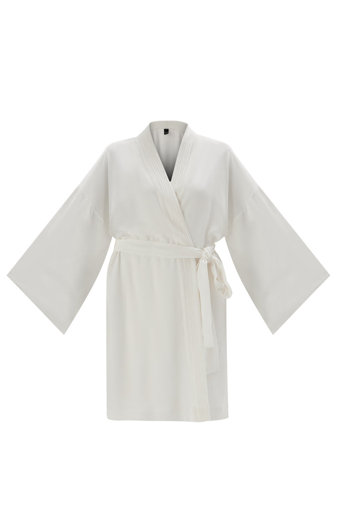 Else Diana silk robe in off white, front view shown on plain white background. The robe features a pleated collar, waist tie, wide sleeves and above the knee hemline.