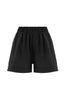 Else Diana silk shorts in black, front view on plain white background. The shorts have an elastic waistband and pleated detailing at the hemline.