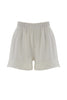 Else Diana silk shorts in off white, front view on plain white background. The shorts have an elastic waistband and pleated detailing at the hemline.