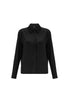 Else Diana silk shirt in black, front view on plain white background. The shirt buttons up the front, is long sleeved, and features a pleated collar and cuffs. 