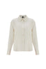 Else Diana silk shirt in off white, front view on plain white background. The shirt buttons up the front, is long sleeved, and features a pleated collar and cuffs.