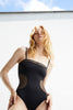 Else Gigi black bodysuit, featuring a square neckline, thin shoulder straps, and mesh panels at neckline and on side cutouts. Front view shown on model.