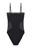 Else Gigi black bodysuit, featuring a square neckline, thin shoulder straps, and mesh panels at neckline and on side cutouts and brief style bottom. Shown flat on plain white background