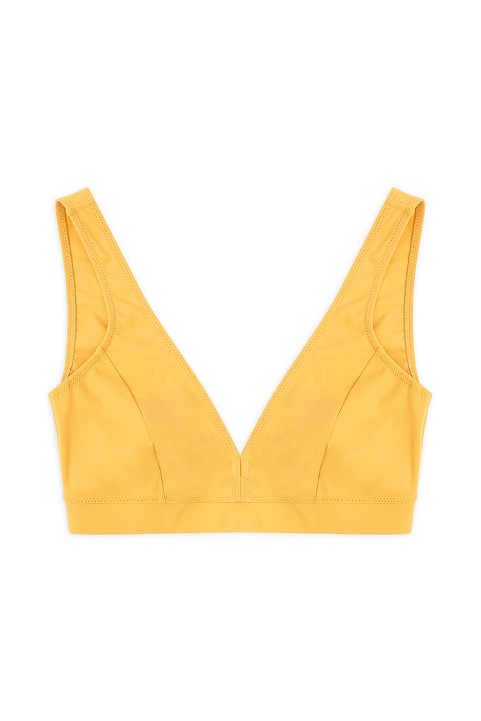 Saffron yellow Mare Underwire Sim top by Else with thick band under bust. Front view on white background.