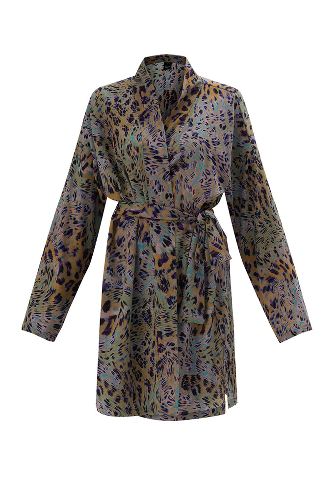 Else Nocturnal Animal silk robe in multicolor blue, purple, yellow and green animal print. Shown on plain white background.