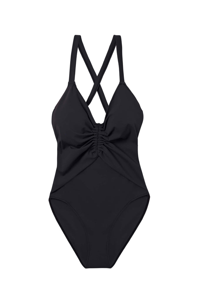 Else Olivia front gathered one piece swimsuit in black, shown flat on plain white background