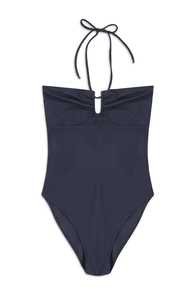Deep Blue Penelope Bandeau one-piece Swimsuit by Else with skinny strap halter top. Front view on white background.