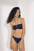 Dark blue Penelope Bandeau Bikini top by Else with skinny Halter strap and keyhole at the bust. Front view on model with matching bikini bottom.
