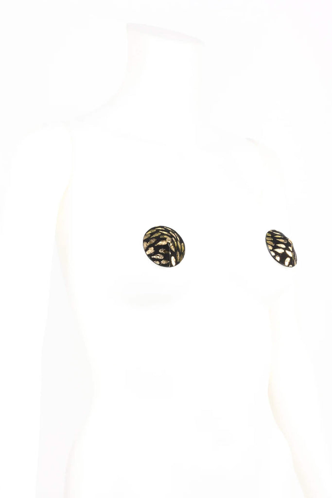 Fraulein Kink Deluxe Pasties in gold and black leather with brass rivet, on plain white background, front/side view