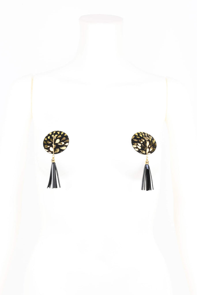 Fraulein Kink Deluxe Tassel Pasties in black and gold leather, front view, on plain white background
