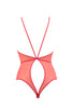 La fille d'o sheer coral reversible bodysuit with open back or open stomach. On white background.