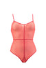 La fille d'o mesh coral bodysuit with skinny straps on plain white background.