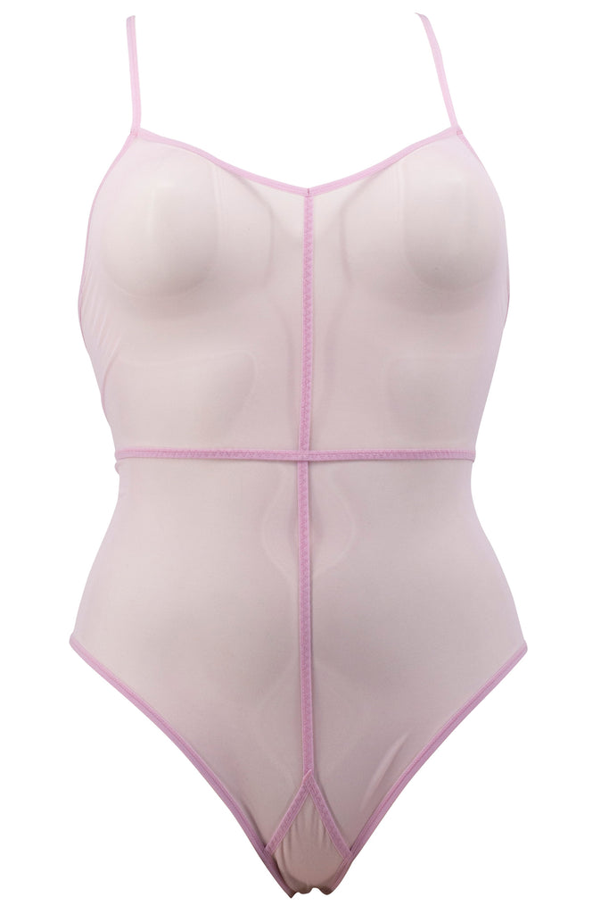 La fille d'o Above Reversible tulle pink rose bodysuit with skinny sporty straps and seams. Front view on white background.