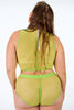 Neon green bird wireless sleeveless top by La Fille d'O. The neckline is high and the fabric is sheer tulle with thin sporty lines. Back view on model with matching high waist brief.