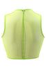 Neon green bird wireless sleeveless top by La Fille d'O. The neckline is high and the fabric is sheer tulle with thin sporty lines. Back view on white background.