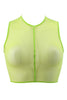 Neon green bird wireless sleeveless top by La Fille d'O. The neckline is high and the fabric is sheer tulle with thin sporty seams. Front view on white background.