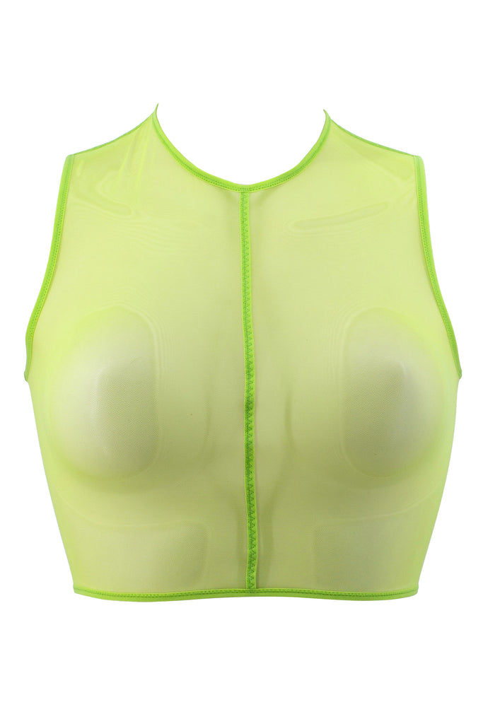 Neon green bird wireless sleeveless top by La Fille d'O. The neckline is high and the fabric is sheer tulle with thin sporty seams. Front view on white background.