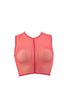 Sheer mesh coral pink Bird Crew Neck Top from La Fille d'O with thin sporty seams. Front view on white background.