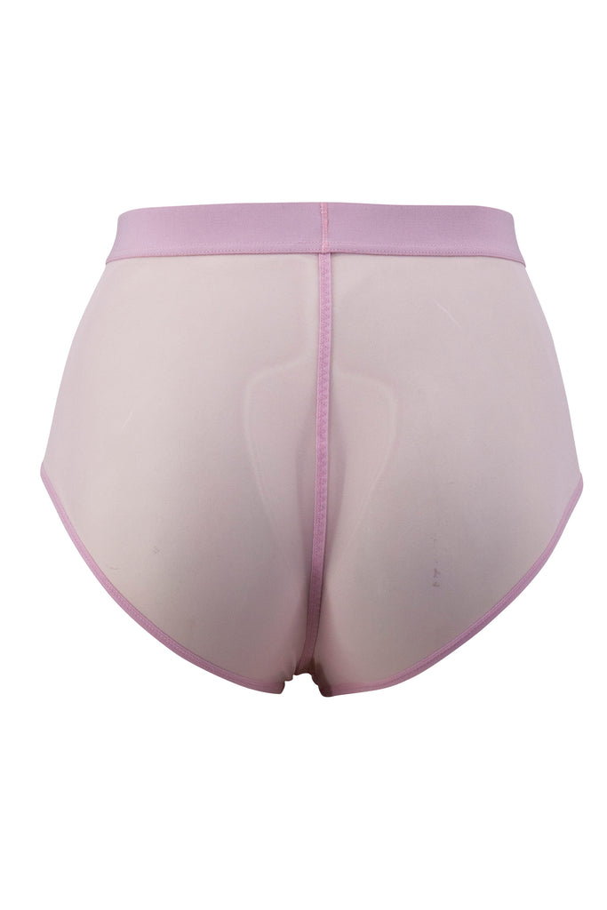 Call Me high waist brief in rose by La Fille d'O. Back view on white background shows thick waistband and thin sporty seams.